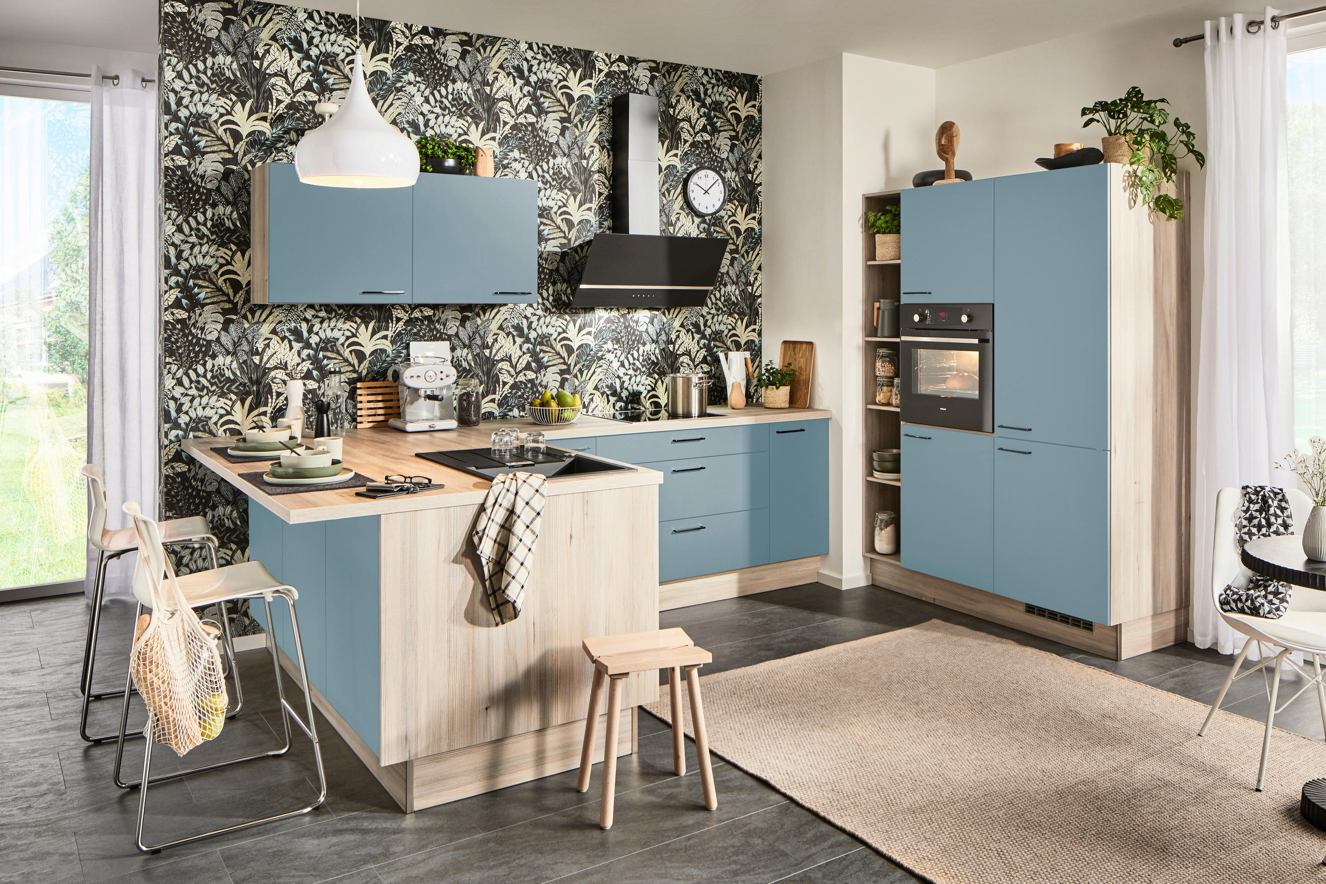 ECKKÜCHE  in Hellbraun, Pastellblau  - Hellbraun/Pastellblau, Design, Holzwerkstoff/Metall (192/280/150cm) - Xora
