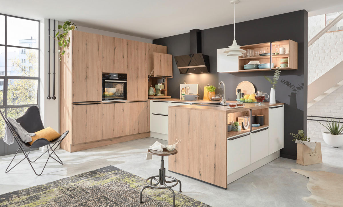 EINBAUKÜCHE DK309  - Eichefarben/Weiß, Design, Holzwerkstoff - Dieter Knoll