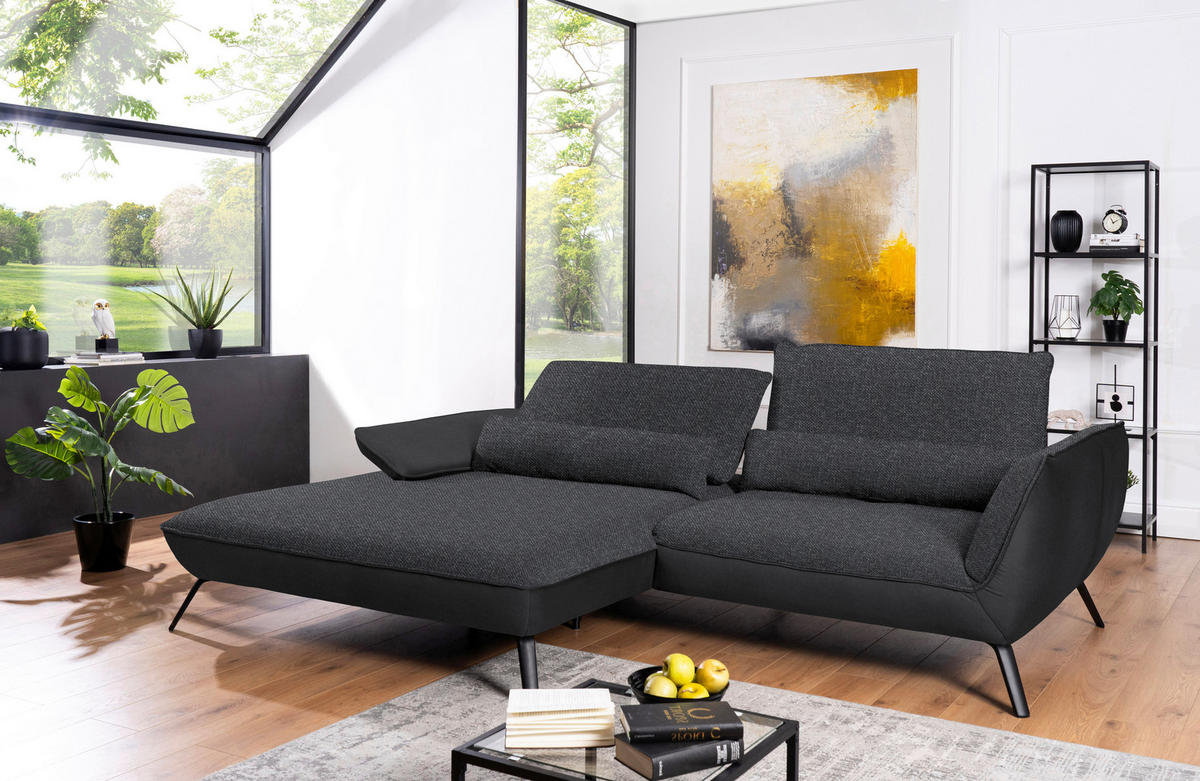 ECKSOFA in Flachgewebe Anthrazit  - Anthrazit/Schwarz, Design, Textil/Metall (191/273cm) - Moderano