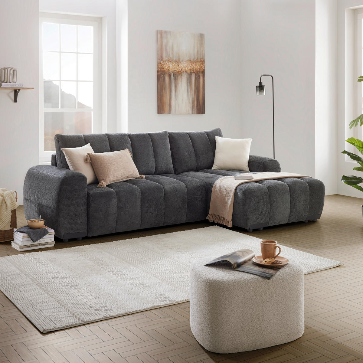 ECKSOFA Flachgewebe Graphitfarben  - Schwarz Hochglanz/Graphitfarben, Modern, Textil/Metall (273/93/166cm) - MID.YOU