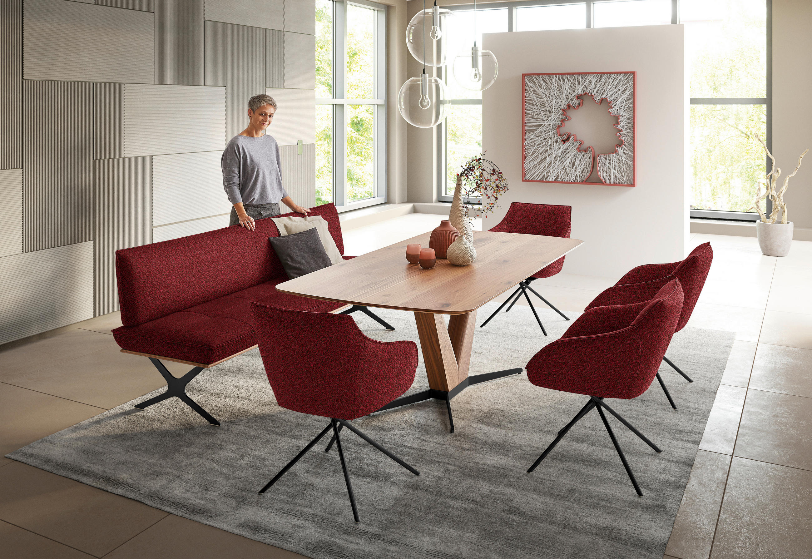 SITZBANK 214/88/66 cm  in Rot, Schwarz, Nussbaumfarben  - Rot/Nussbaumfarben, Design, Holz/Textil (214/88/66cm) - Koinor