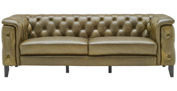 CHESTERFIELD-SOFA  in Echtleder Grün  - Schwarz/Grün, LIFESTYLE, Leder/Holz (220/77/91cm) - Ambia Home
