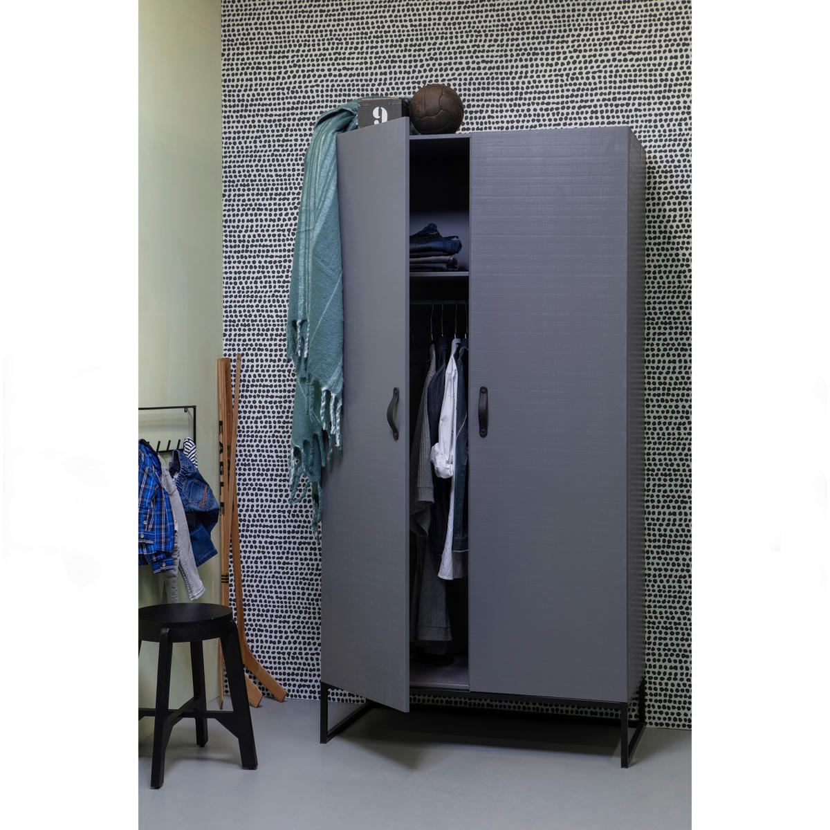 DREHTÜRENSCHRANK 100/195/53 cm 2-türig Grau  - Schwarz/Grau, Design, Leder/Holz (100/195/53cm) - Livetastic