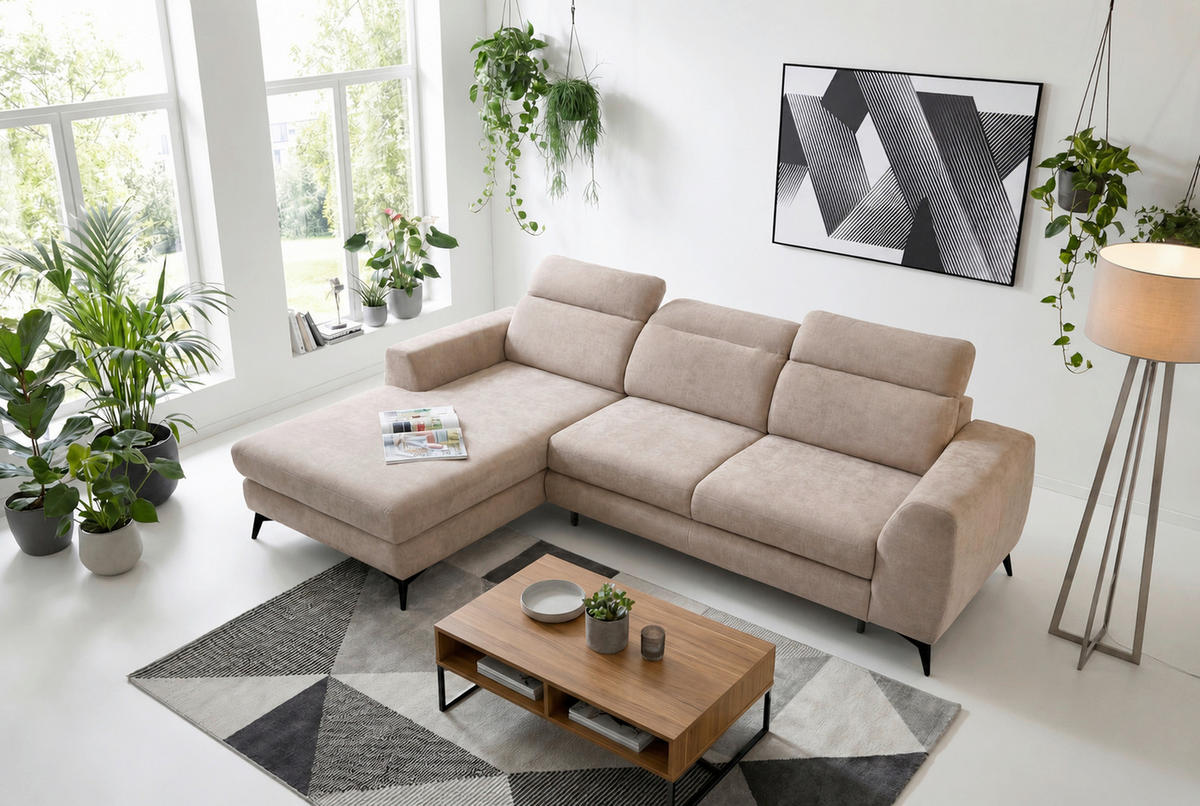 ECKSOFA MUENSTER Beige Chenille Bettkasten, Schlaffunktion, Kopfteilverstellung, Liegefläche im Originalstoff  - Beige/Schwarz, Basics, Textil/Metall (191/264cm) - Livetastic