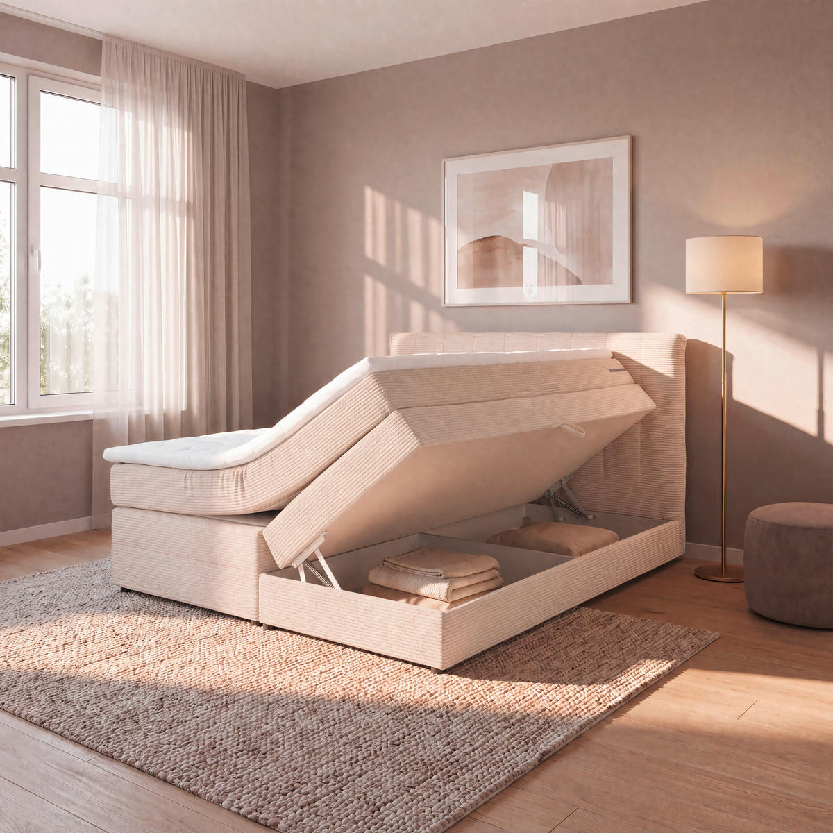 BOXSPRINGBETT 180/200 cm,  in Beige, gepolstertes Kopfteil, Bettkasten, Topper, Matratzen, H2 + H2 = mittel  - Beige/Schwarz, Basics, Kunststoff/Textil (180/200cm) - Boxxx