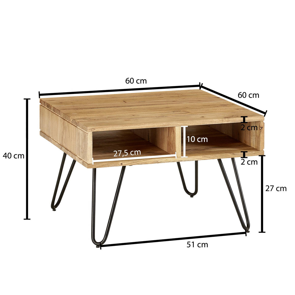 COUCHTISCH in Holz 60/60/40 cm  - Schwarz/Akaziefarben, Modern, Holz/Metall (60/60/40cm) - MID.YOU