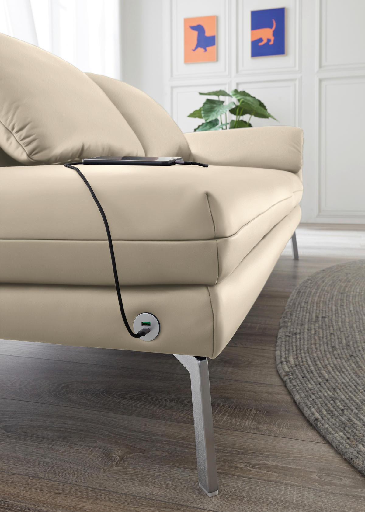 RÉCAMIERE in Echtleder Creme  - Chromfarben/Creme, Design, Leder/Metall (209/85-109/95-16cm) - Dieter Knoll