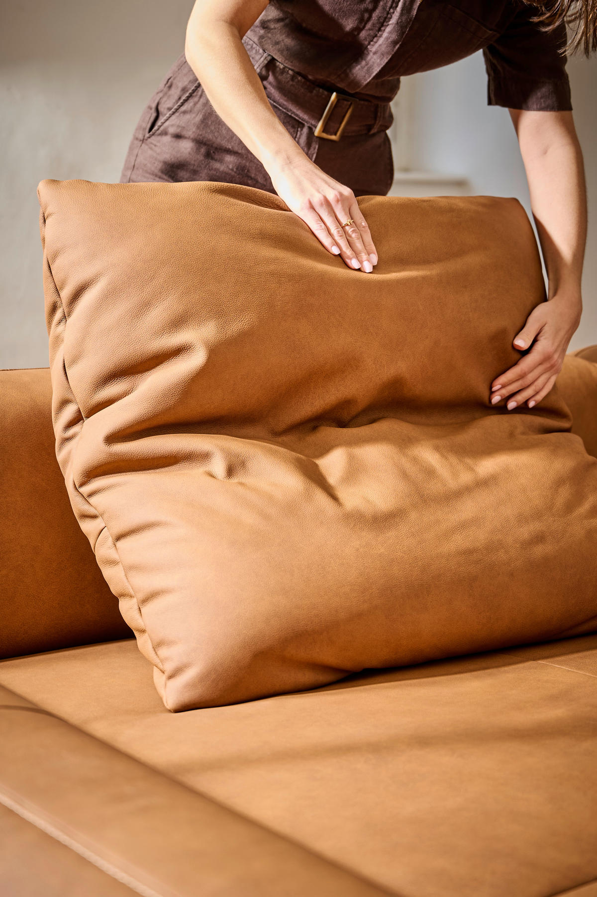 ECKSOFA in Echtleder Hellbraun  - Hellbraun/Anthrazit, Design, Leder/Metall (225/355cm) - Johann Jakob