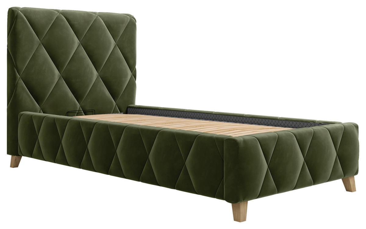 POLSTERBETT gepolstertes Kopfteil, Lattenrost, Bettkasten 90/200 cm  in Olivgrün  - Olivgrün, MODERN, Holz/Textil (90/200cm) - MID.YOU