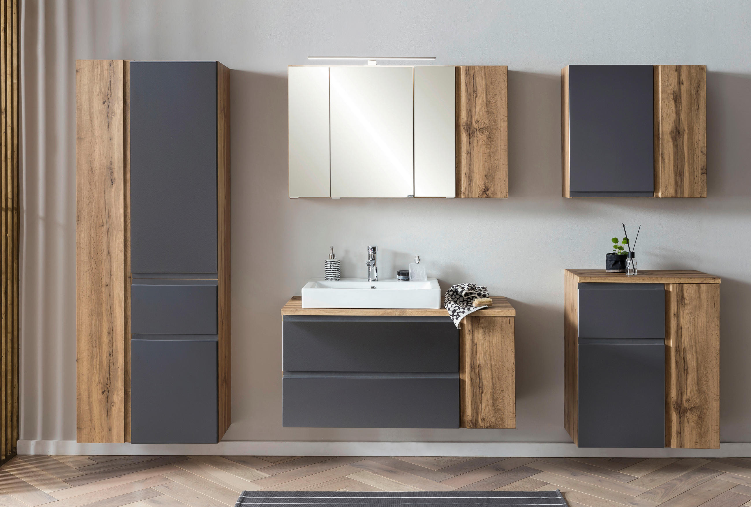 WASCHTISCHKOMBI 105 cm - Eiche Wotan/Grau, Modern, Keramik/Holzwerkstoff (105cm) - Held