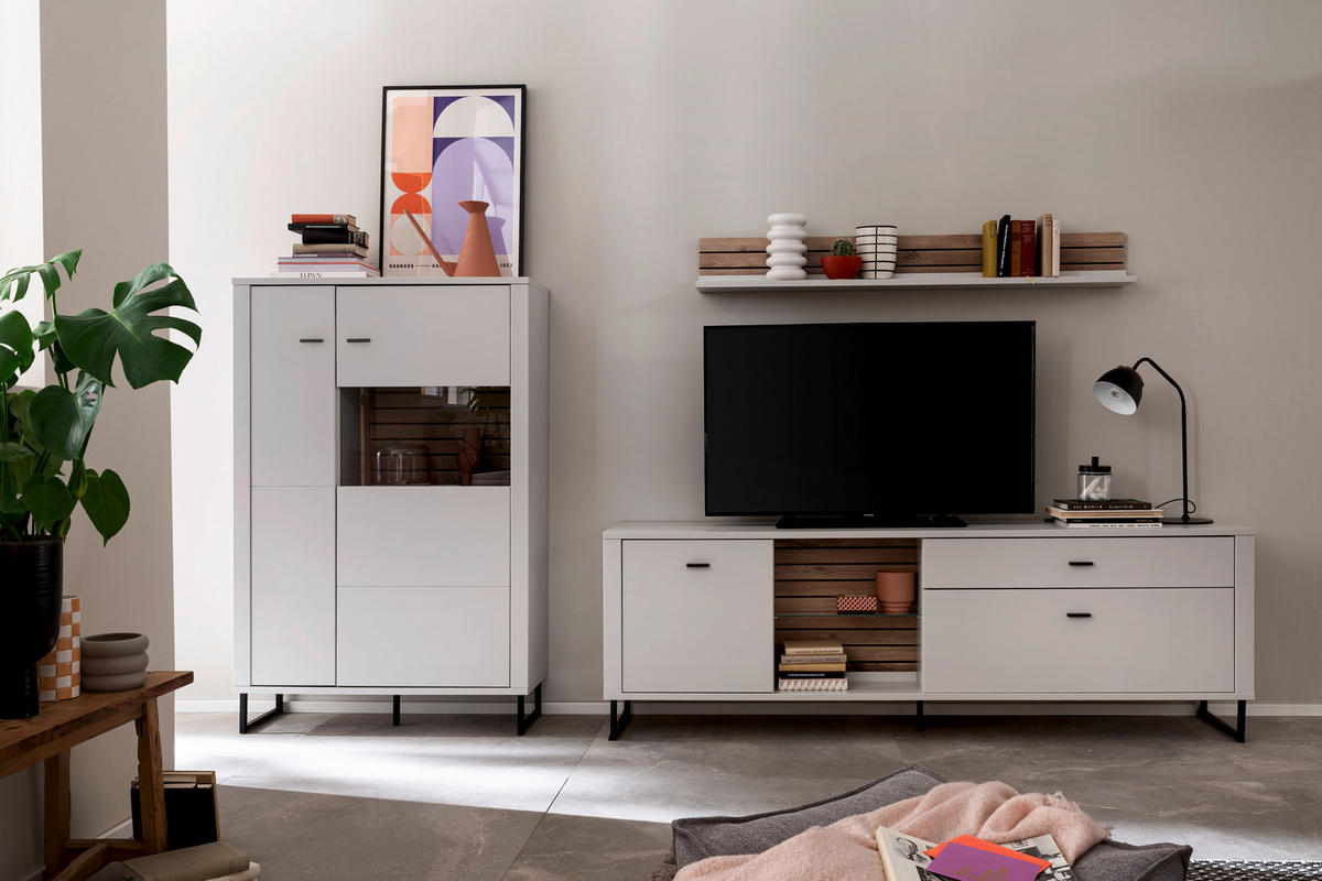 WOHNWAND  in Weiss, Eichefarben 326/152/44 cm  - Weiss/Eichefarben, Design, Glas/Holzwerkstoff (326/152/44cm) - Stylife