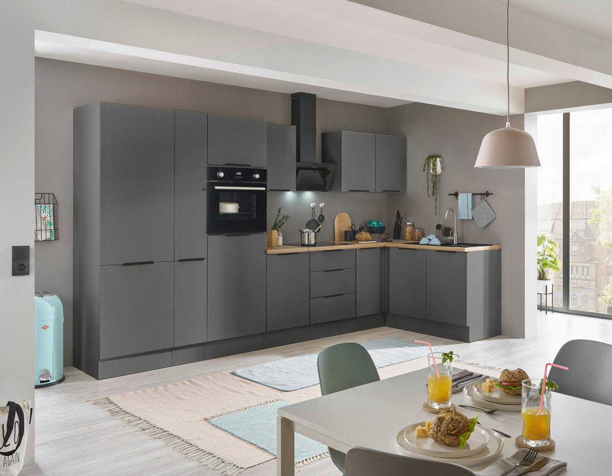 ECKKÜCHE 360/165 cm  in Graphitfarben  - Schwarz/Graphitfarben, Basics, Holzwerkstoff/Metall (360/165cm) - Carryhome