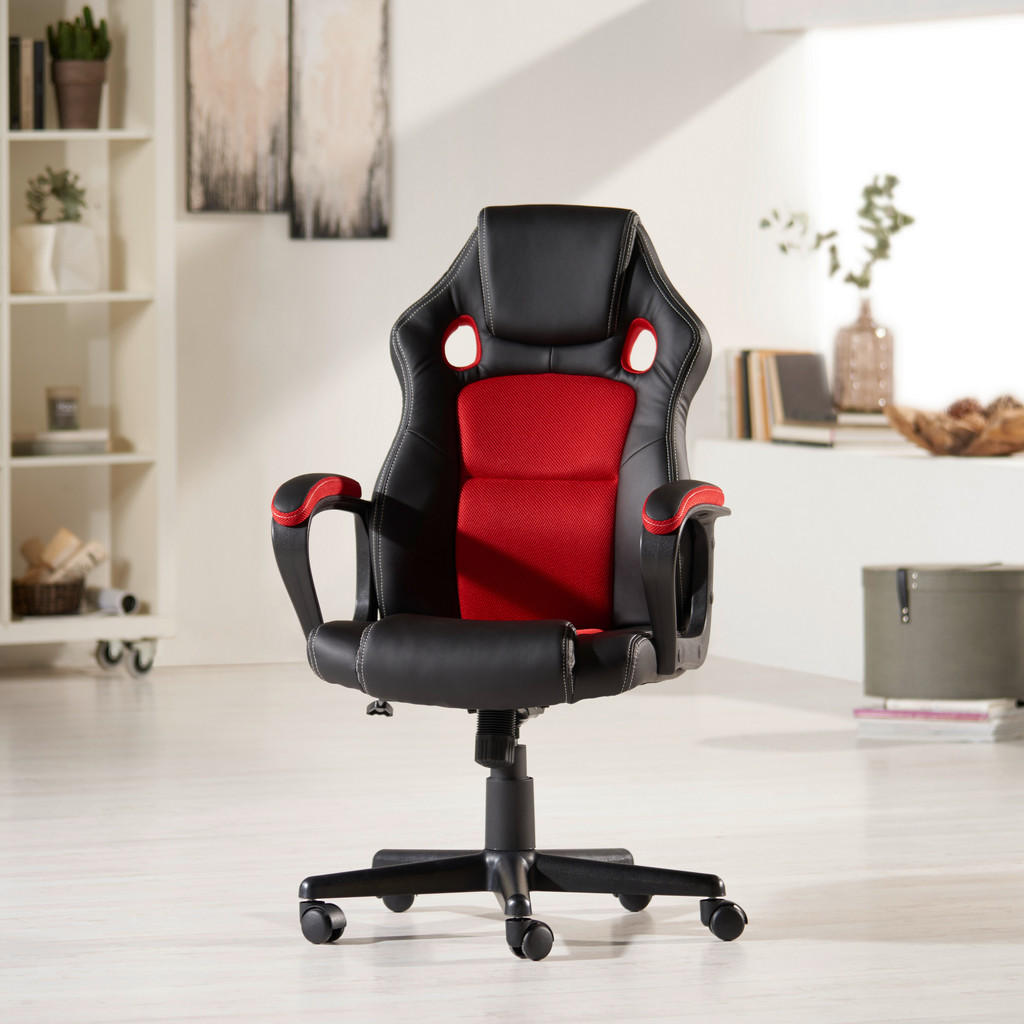 Thumbnail - Mid.you Gamingstuhl, Rot, Schwarz, Metall, Kunststoff, Textil, Rollen, Drehkreuz, 62x103-113x67 cm, Sitzfläche 360° dreh...