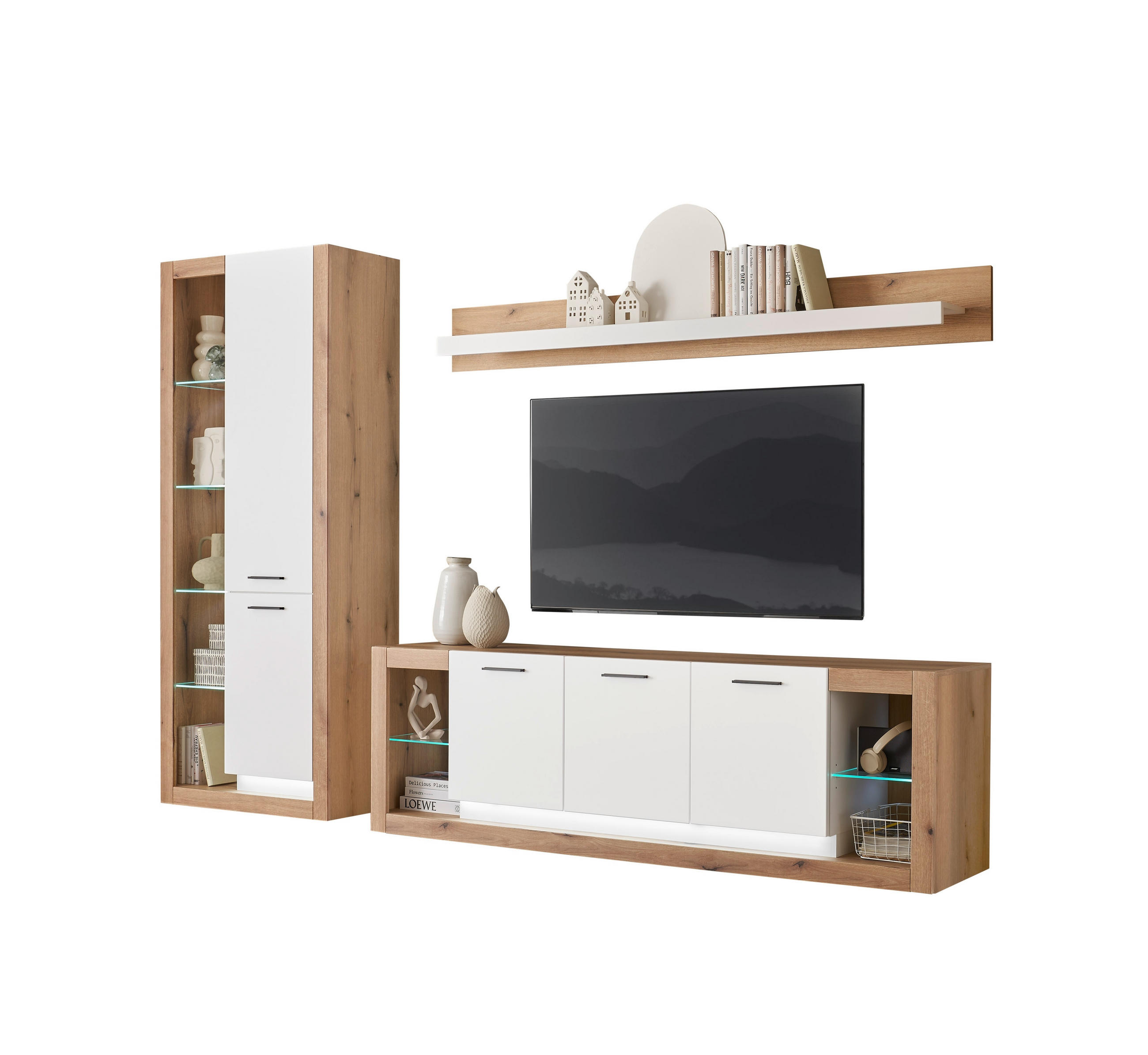 WOHNWAND 3-teilig  in Weiß, Eichefarben  298/195/43 cm  - Eichefarben/Schwarz, Design, Glas/Holzwerkstoff (298/195/43cm) - MID.YOU