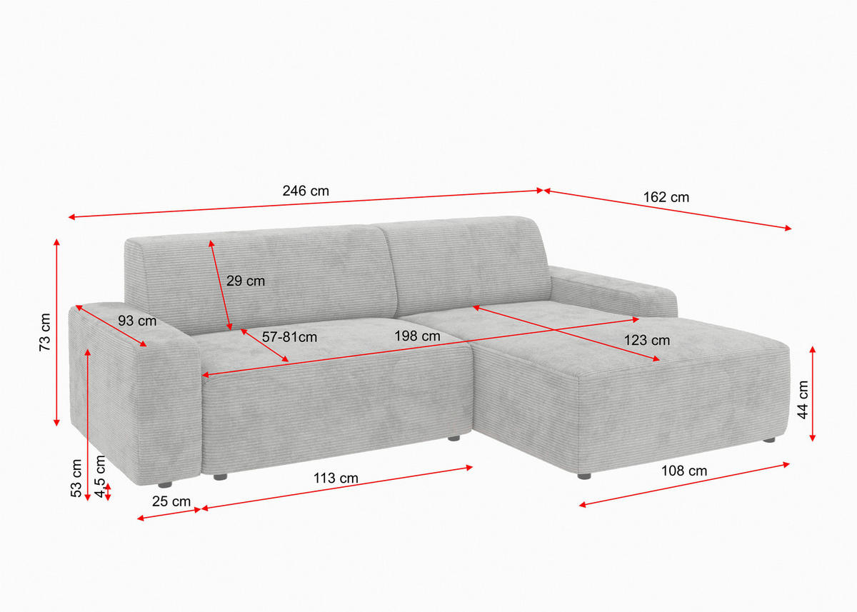ECKSOFA in Struktur Grau  - Schwarz/Grau, Modern, Kunststoff/Textil (246/162cm) - Trendmanufaktur