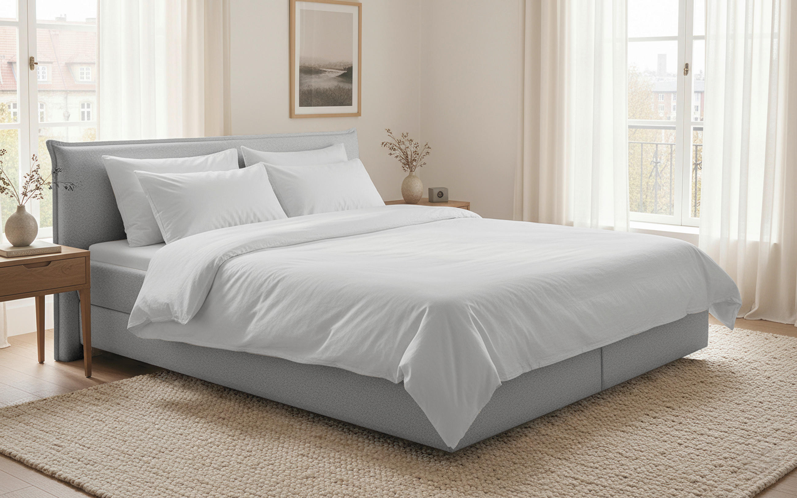 BOXSPRINGBETT 160/200 cm,  in Hellgrau, Matratze, gepolstertes Kopfteil, Topper, H3 + H3 = fest  - Hellgrau/Schwarz, Trend, Textil (160/200cm) - Chameo