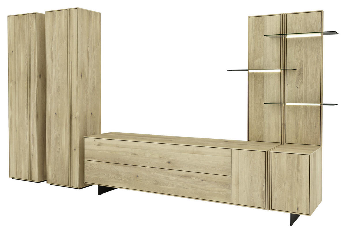 WOHNWAND  in Eichefarben  363/205,8/50 cm  - Eichefarben/Schwarz, Natur, Glas/Holz (363/205,8/50cm) - Cassando