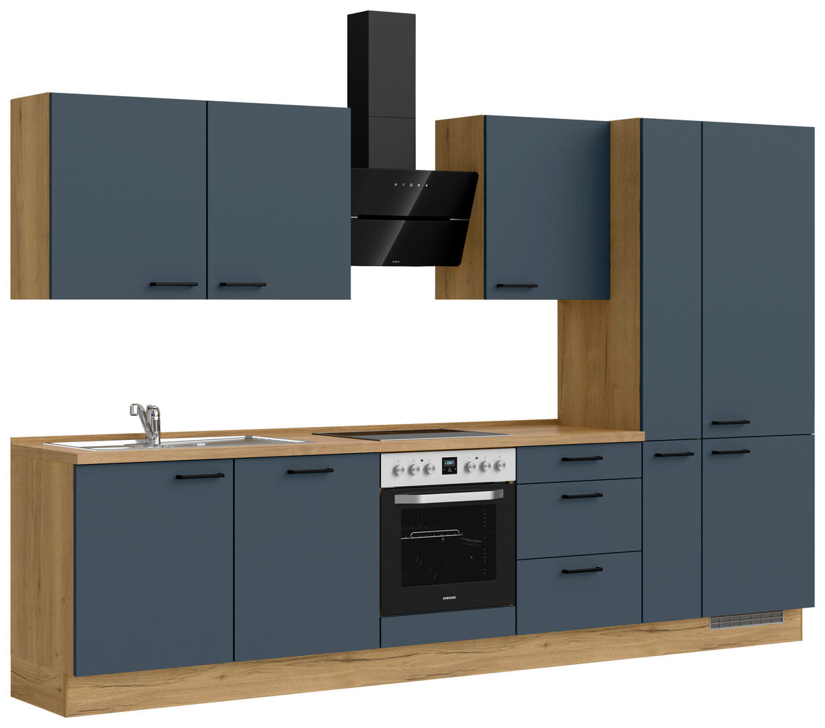 KÜCHENBLOCK Easytouch 330 cm  in Eichefarben, Dunkelblau  - Eichefarben/Schwarz, MODERN, Holzwerkstoff/Metall (330cm) - Nobilia