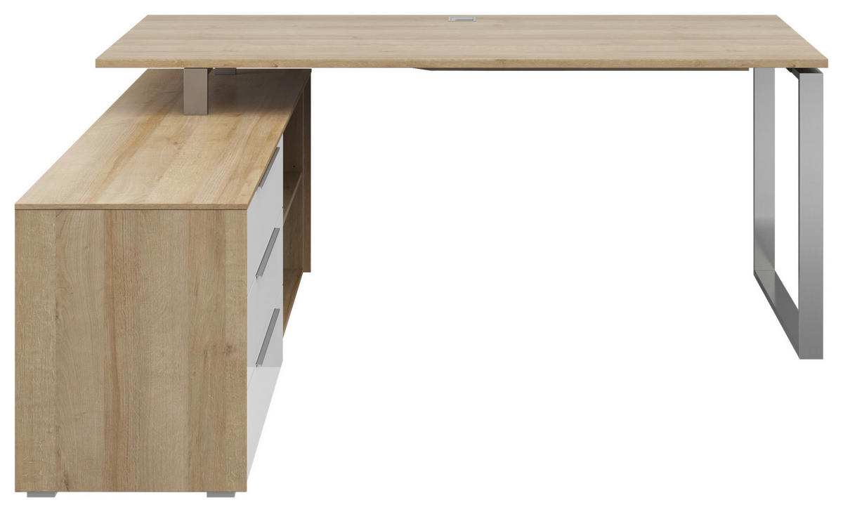 ECKSCHREIBTISCH 159/184/77 cm  in Weiß, Eichefarben  - Eichefarben/Silberfarben, KONVENTIONELL, Glas/Holzwerkstoff (159/184/77cm) - Voleo