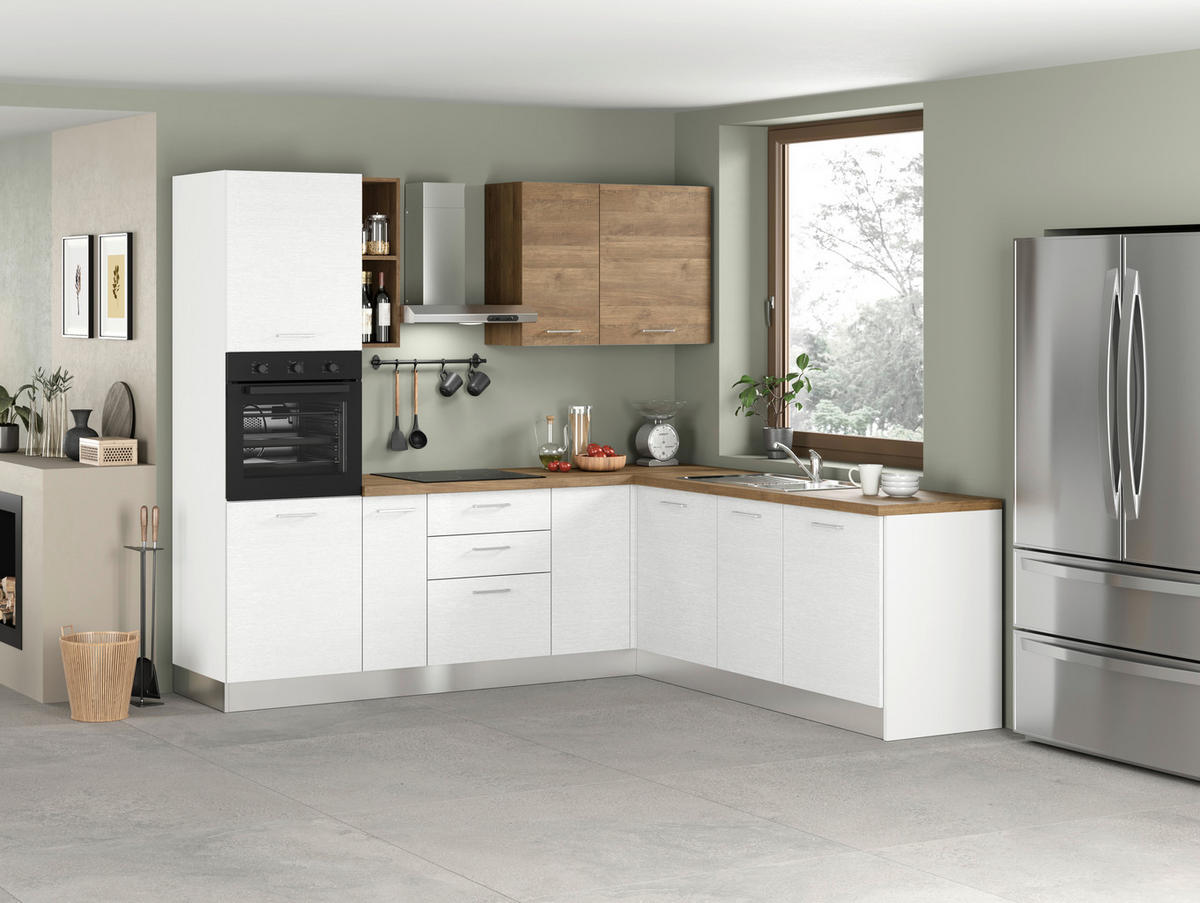 ECKKÜCHE 250/225 cm  in Weiß, Nussbaumfarben  - Edelstahlfarben/Nussbaumfarben, LIFESTYLE, Holzwerkstoff/Kunststoff (250/225cm) - MID.YOU