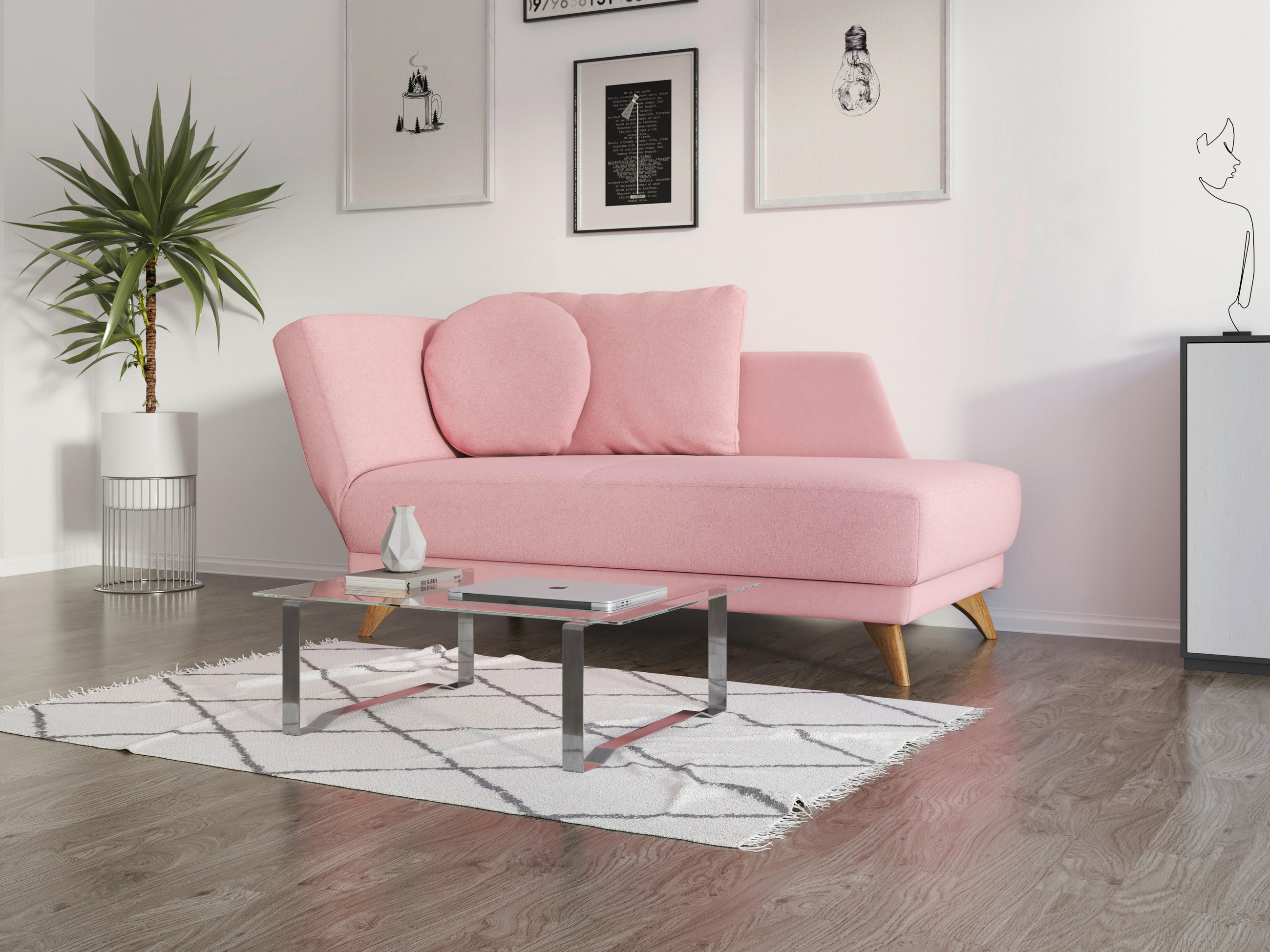 RÉCAMIERE in Flachgewebe Rosa - Eichefarben/Rosa, Modern, Holz/Textil (205/74/94cm) - Bali