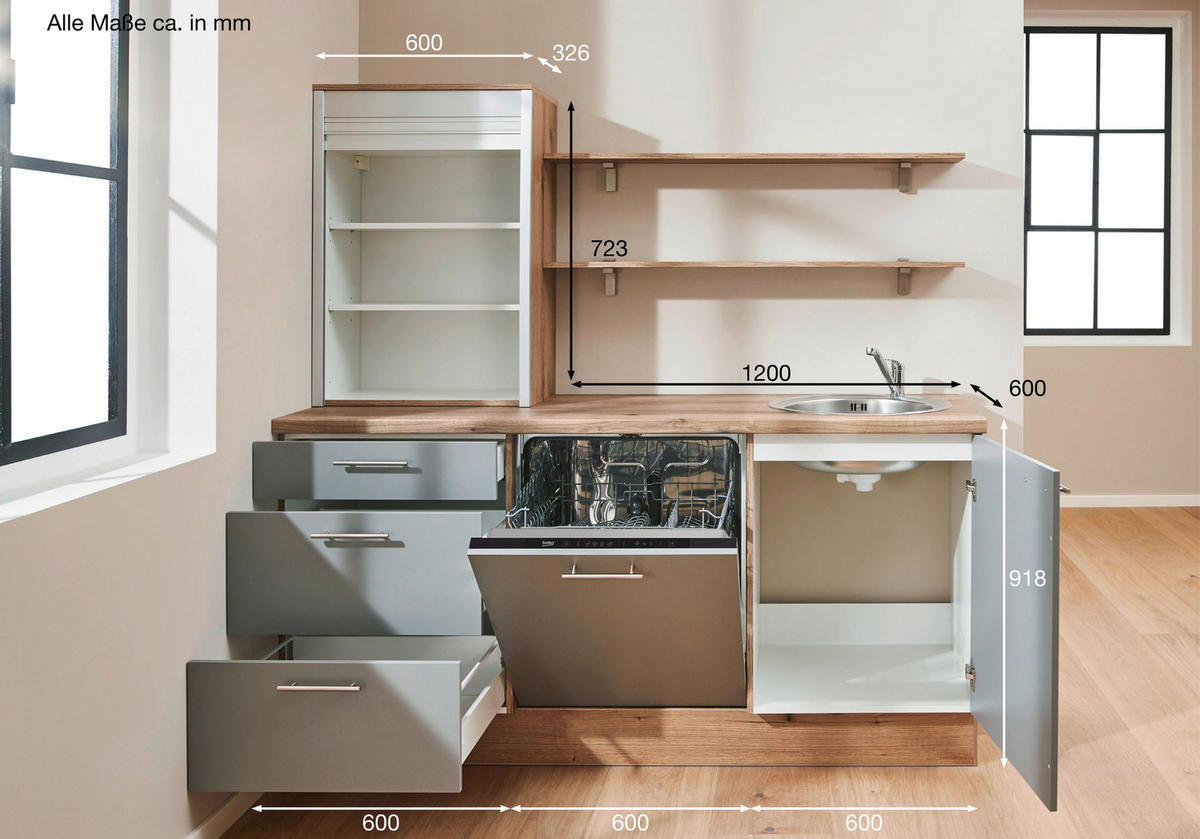 KÜCHENBLOCK 180 cm   in Grau, Eichefarben  - Edelstahlfarben/Eichefarben, Design, Holzwerkstoff/Metall (180cm) - Pino