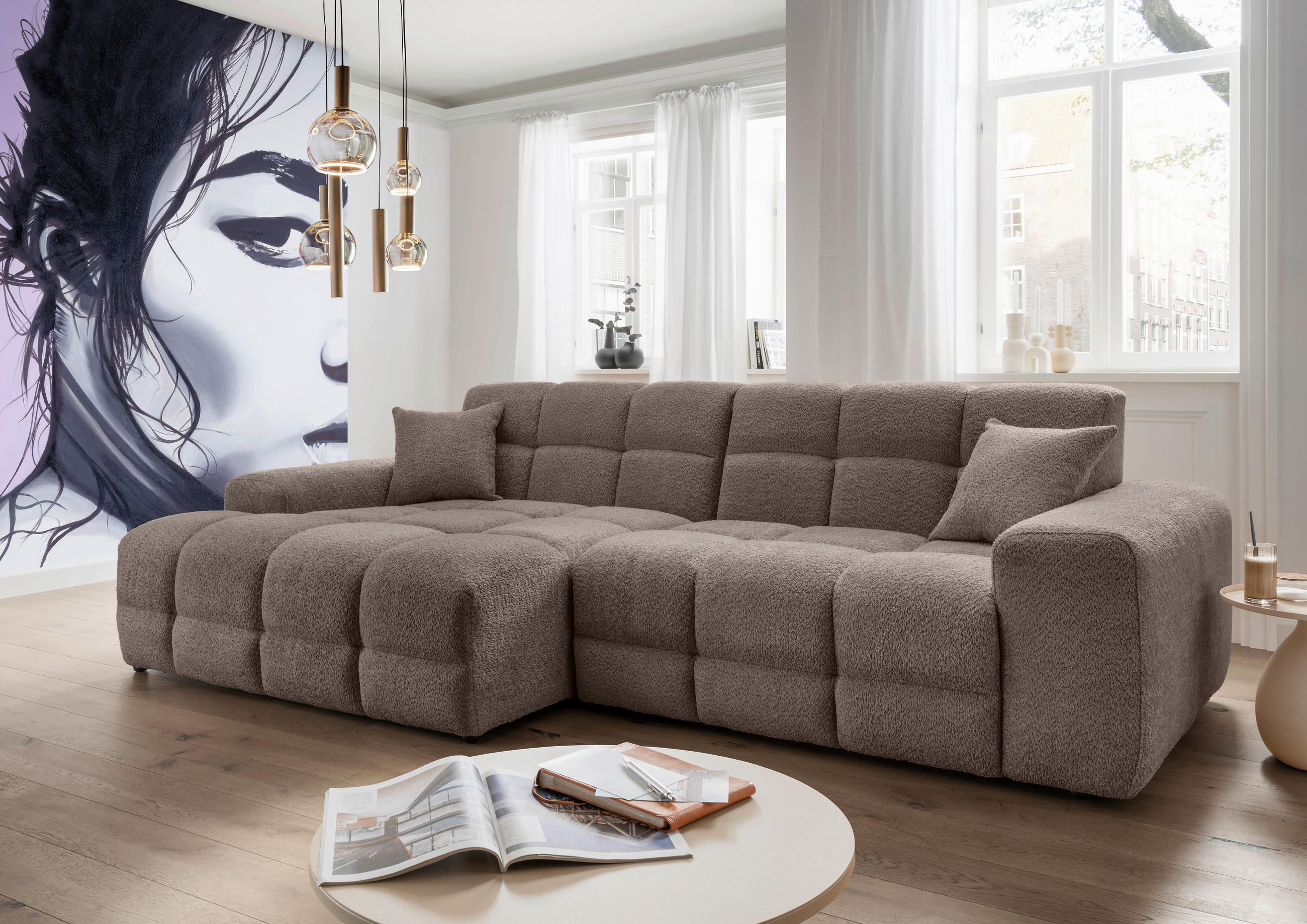 ECKSOFA in Bouclé Taupe  - Taupe/Schwarz, Modern, Kunststoff/Textil (152/301cm) - Livetastic