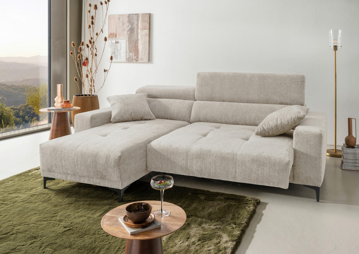 ECKSOFA ORIO Naturfarben Chenille Zierkissen, Kopfteilverstellung, Sitzvorzug  - Schwarz/Naturfarben, Basics, Textil/Metall (183/250cm) - Livetastic