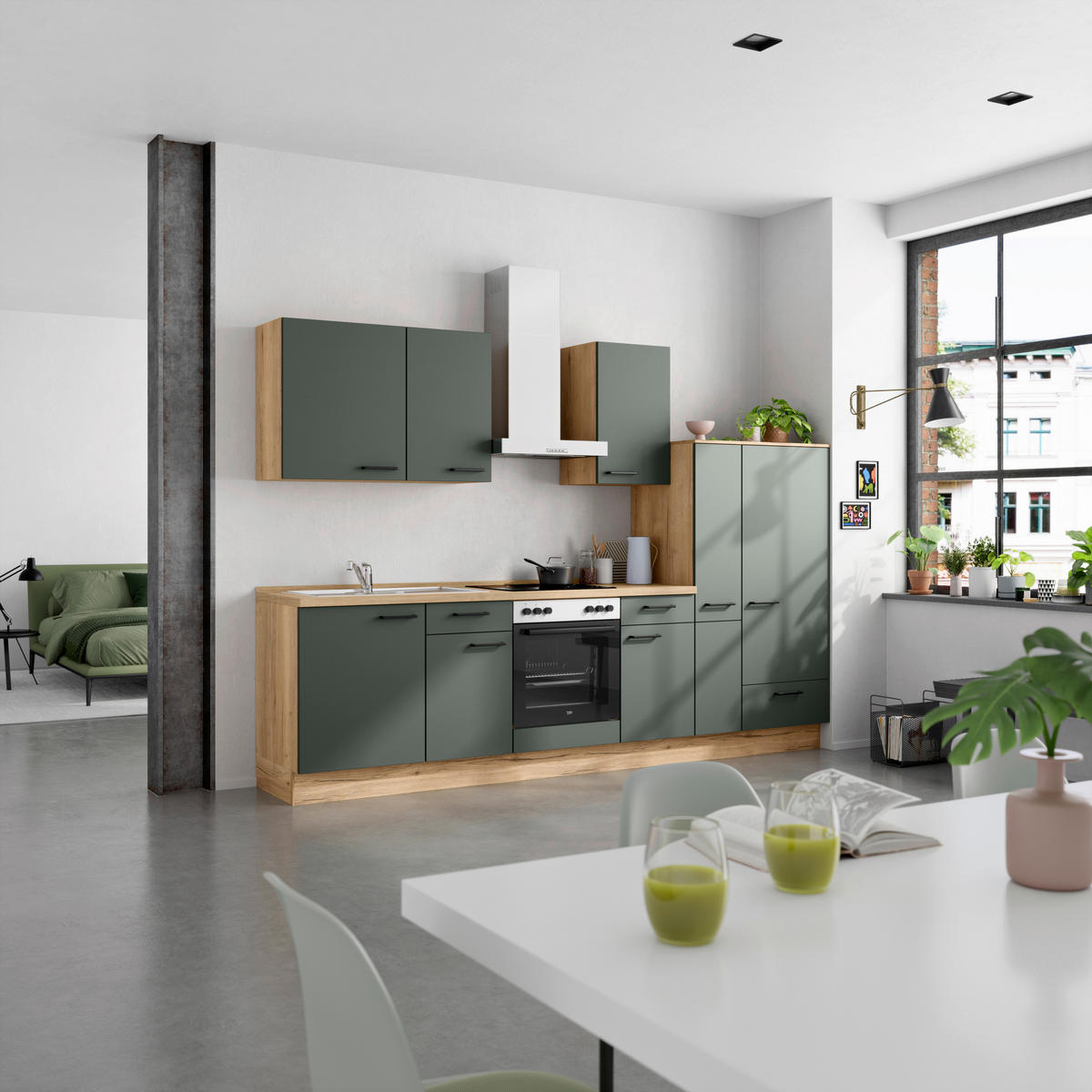 KÜCHENBLOCK Easytouch 300 cm  in Eichefarben, Dunkelgrün  - Dunkelgrün/Eichefarben, MODERN, Holzwerkstoff/Metall (300cm) - Nobilia