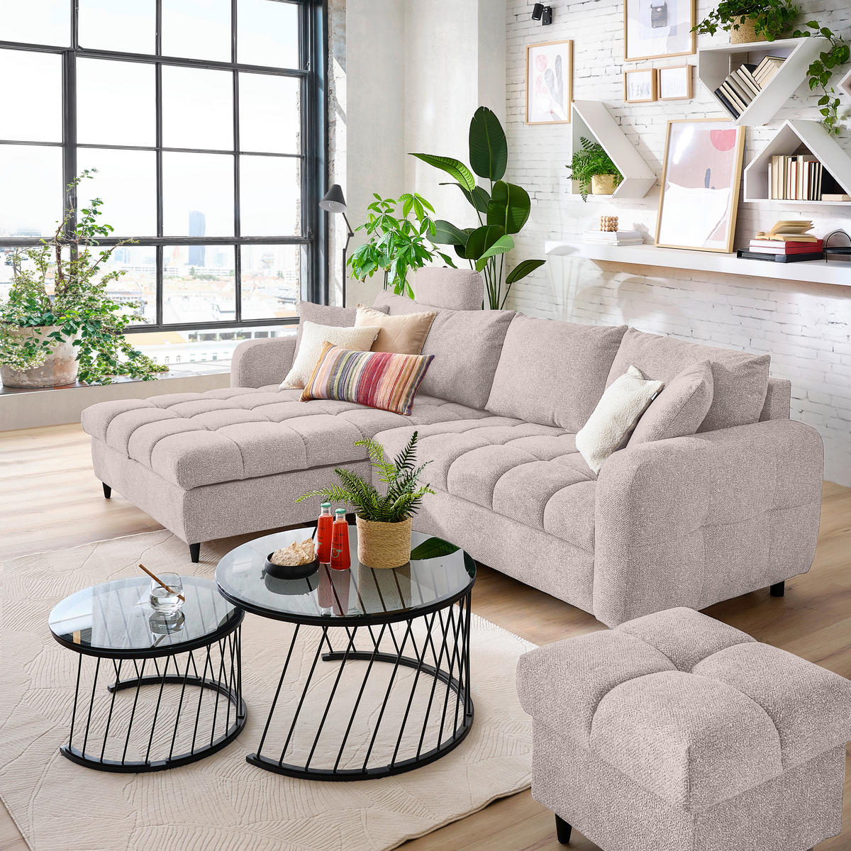 ECKSOFA inkl. Funktionen Greige Velours  - Greige/Schwarz, MODERN, Holz/Textil (282/184cm) - Lomoco