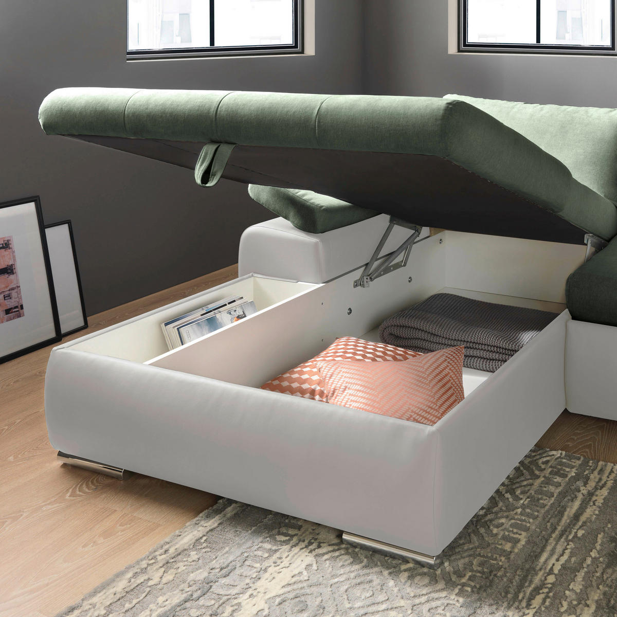 ECKSOFA Weiß, Olivgrün Flachgewebe  - Weiß/Olivgrün, Design, Kunststoff/Textil (175/271cm) - MID.YOU