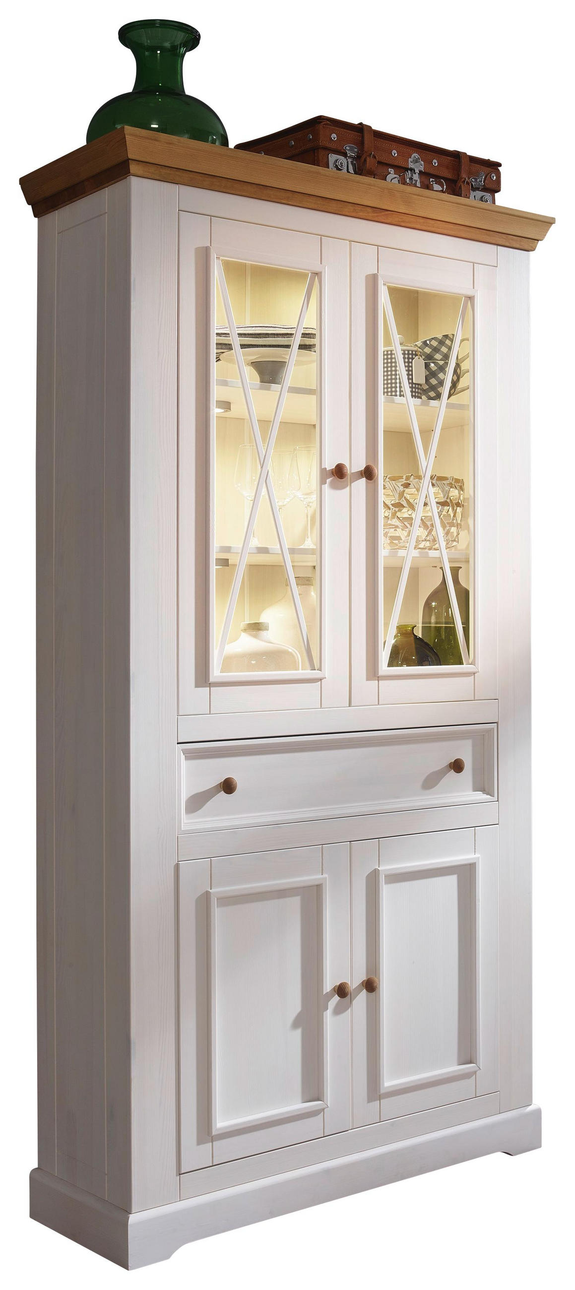 Vitrine in massiv Kiefer Weiß, Eichefarben