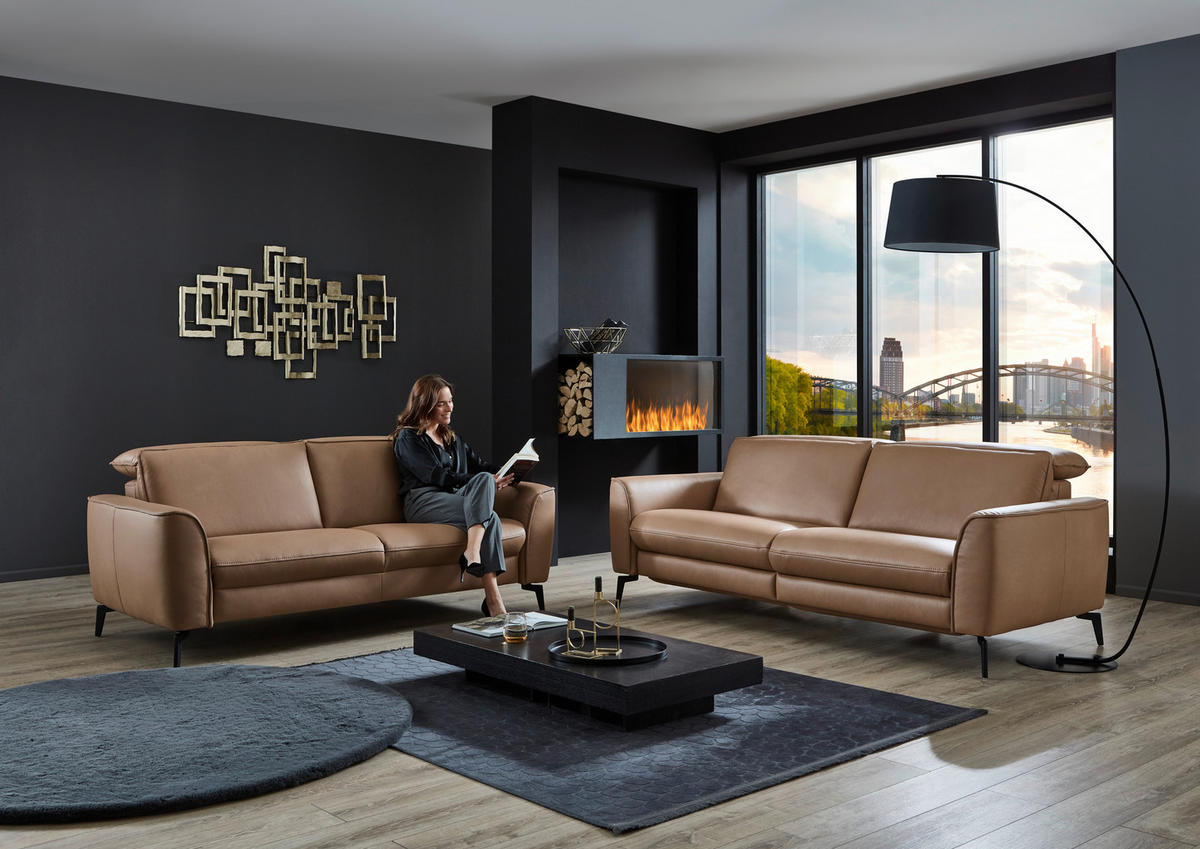 3-SITZER-SOFA in Echtleder Haselnussfarben  - Schwarz/Haselnussfarben, Natur, Leder/Metall (222/81/110cm) - Valdera