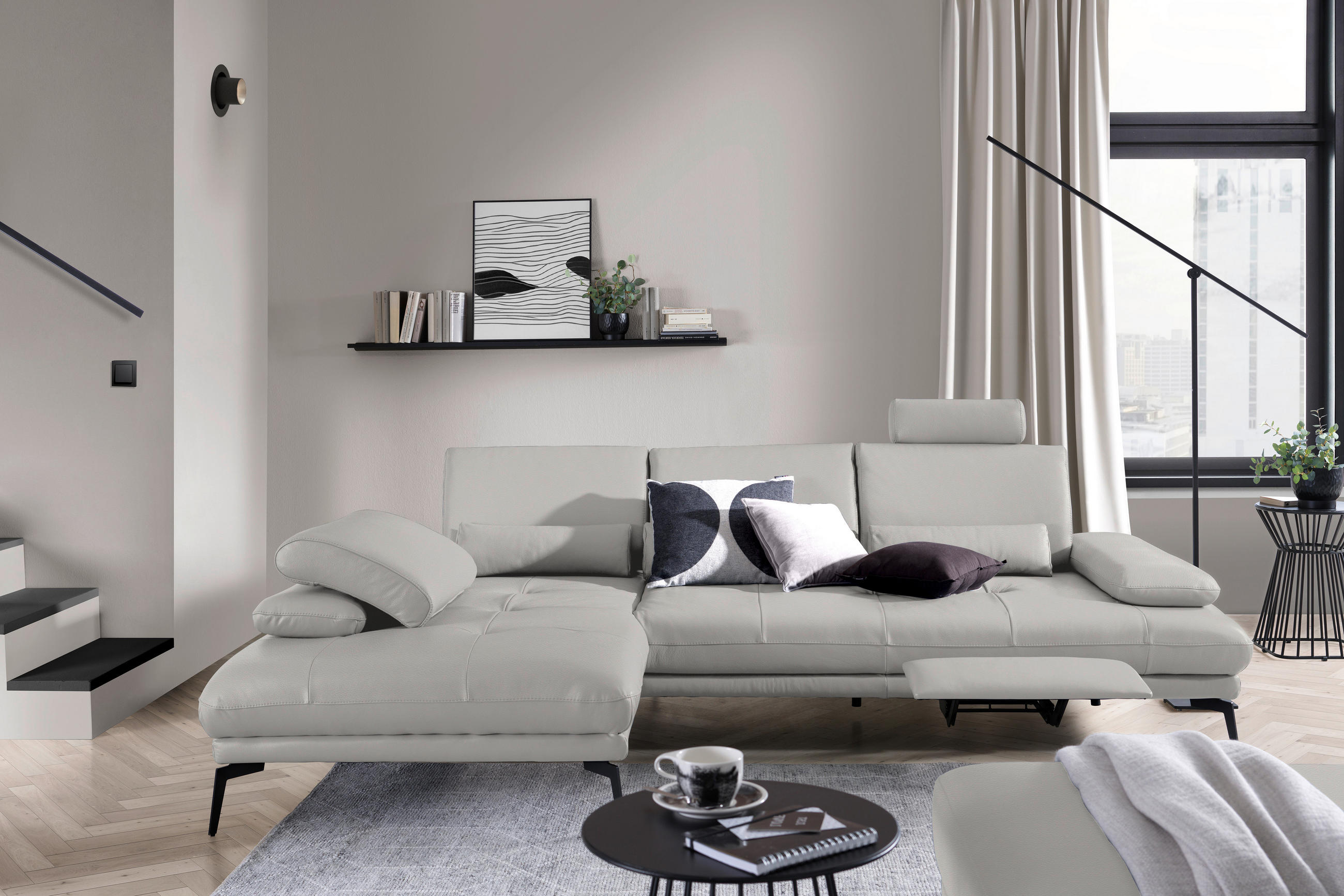 ECKSOFA Greige Echtleder  - Greige/Schwarz, Design, Leder/Metall (187/273cm) - Celina Home
