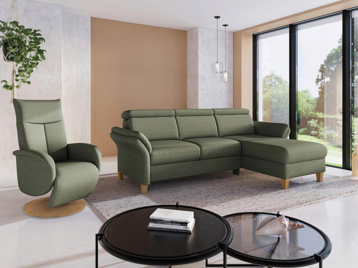 ECKSOFA GLENDALE E Olivgrün Flachgewebe  - Eichefarben/Olivgrün, KONVENTIONELL, Holz/Textil (253/166cm) - Sit & More