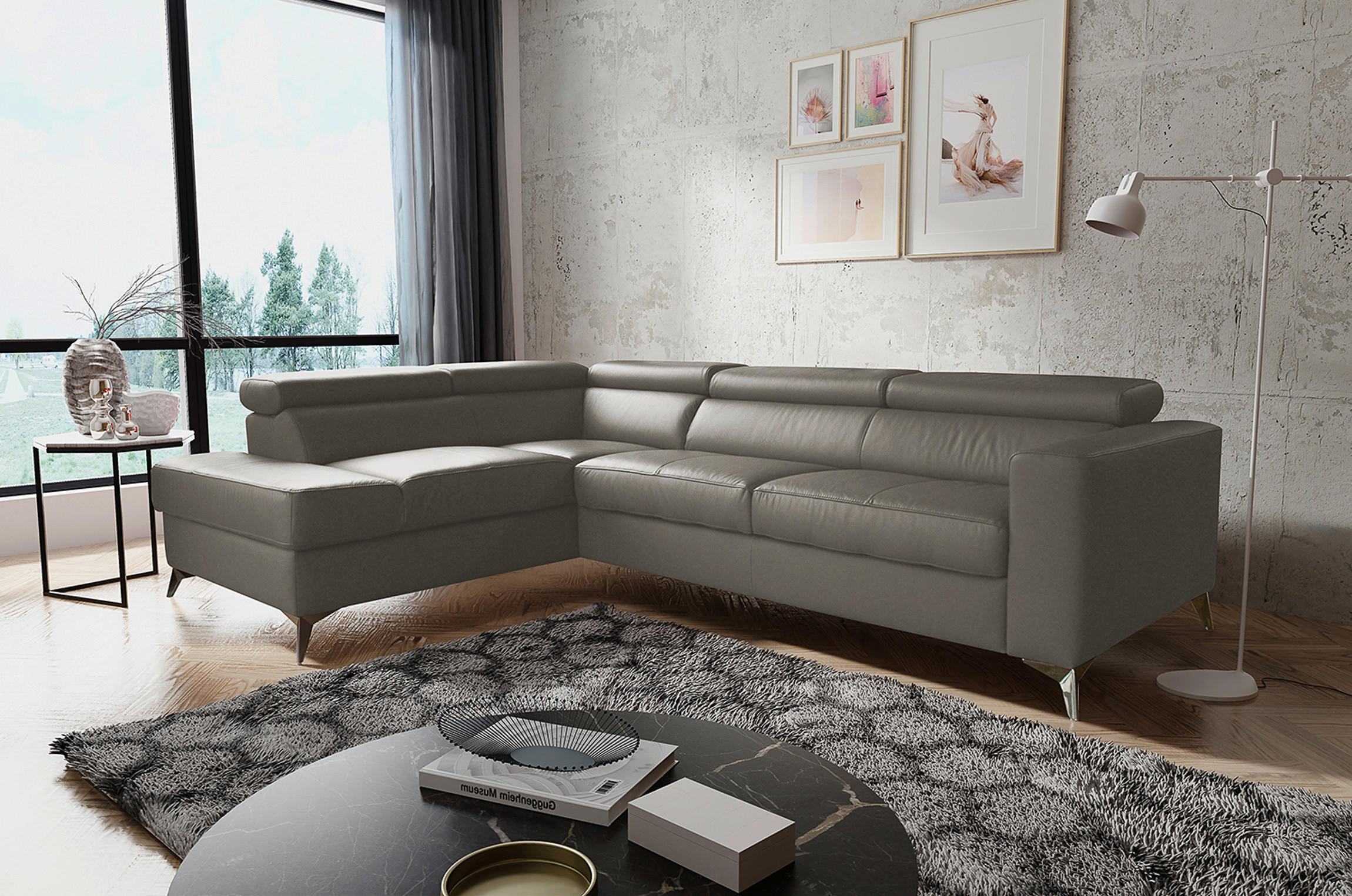 ECKSOFA in Lederlook Echtleder Schlammfarben - Chromfarben/Schlammfarben, Design, Leder/Textil (208/286cm) - Livetastic
