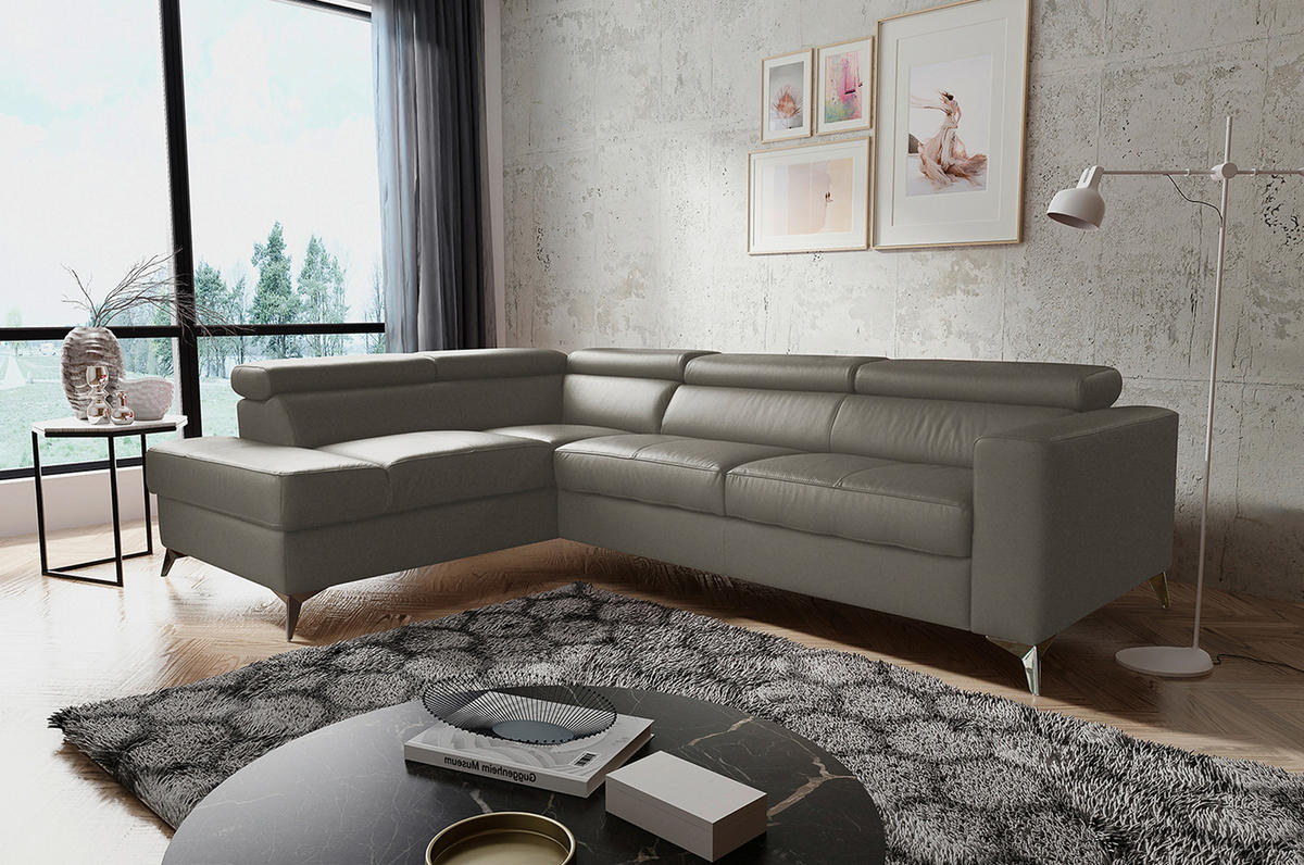 ECKSOFA MONDO Schlammfarben Echtleder Lederlook  - Chromfarben/Schlammfarben, Design, Leder/Textil (208/286cm) - Livetastic