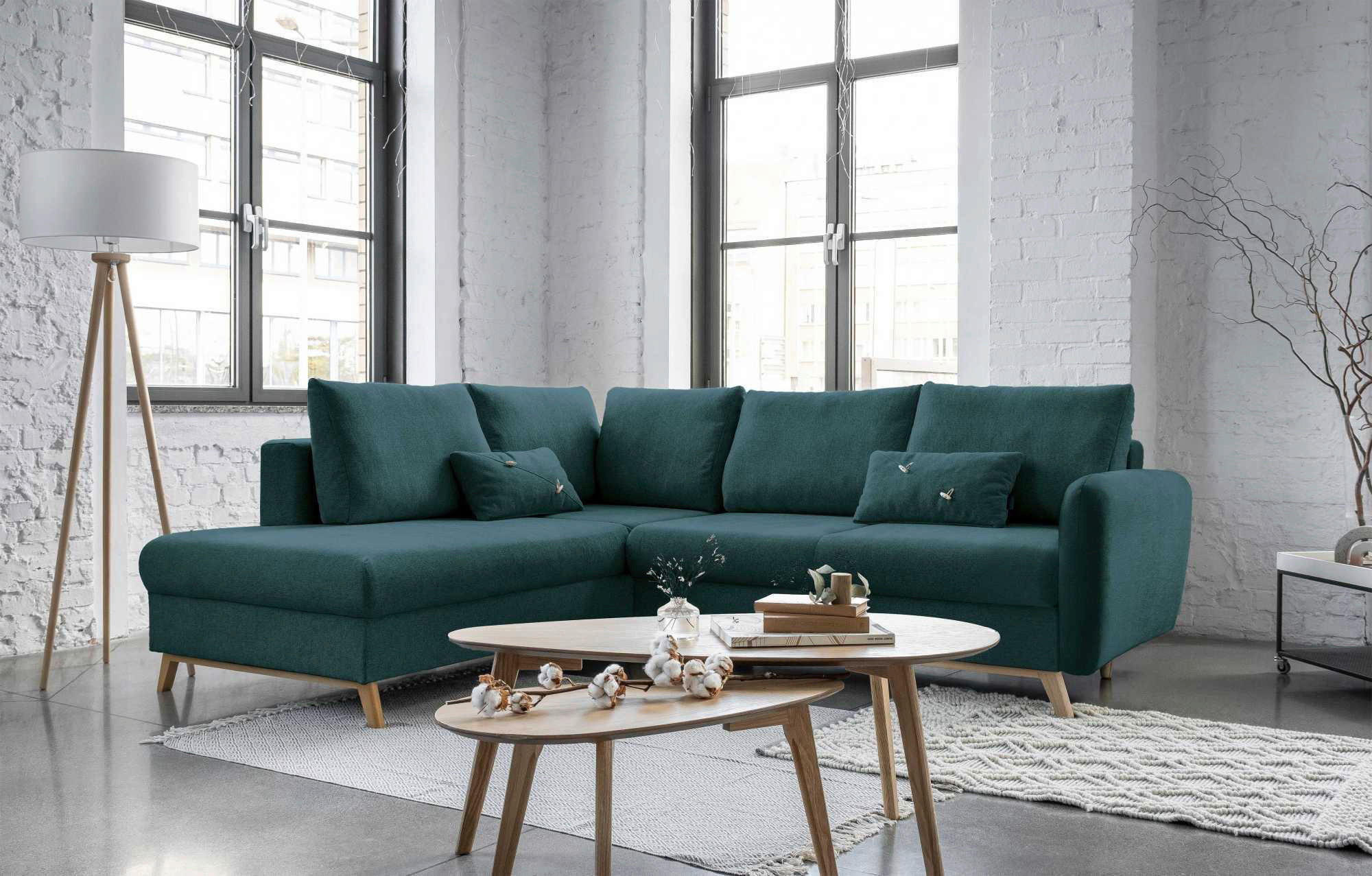 ECKSOFA Chenille Türkis  - Türkis/Naturfarben, Holz/Textil (202/242cm) - MID.YOU