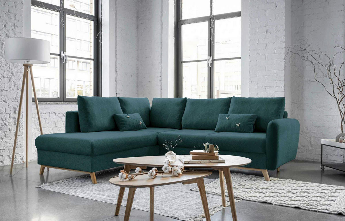 ECKSOFA Türkis Chenille  - Türkis/Naturfarben, Holz/Textil (202/242cm) - MID.YOU