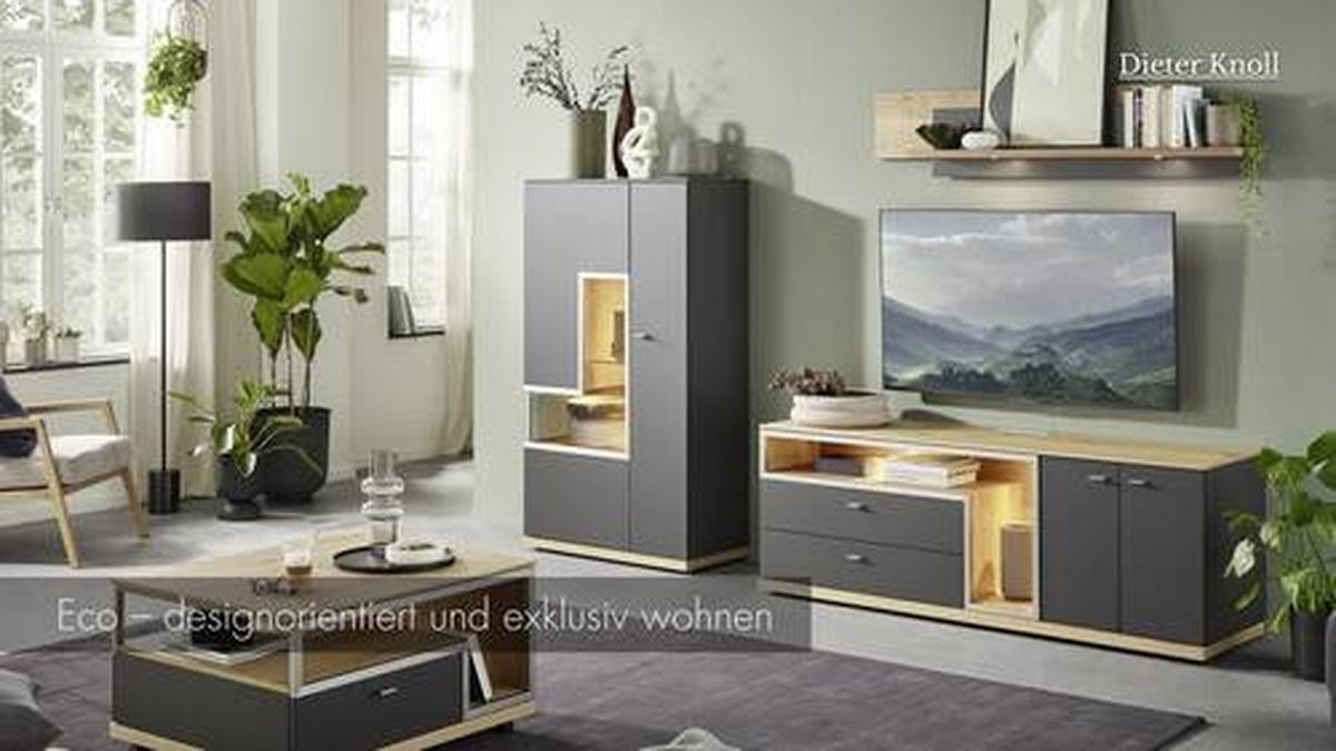 WOHNWAND 3-teilig  in Grau, Eichefarben  290/161/52 cm  - Schieferfarben/Eichefarben, Design, Glas/Holz (290/161/52cm) - Dieter Knoll