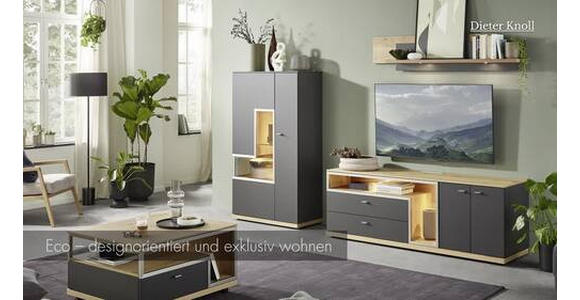 WOHNWAND 3-teilig  in Grau, Eichefarben  290/161/52 cm  - Schieferfarben/Eichefarben, Design, Glas/Holz (290/161/52cm) - Dieter Knoll