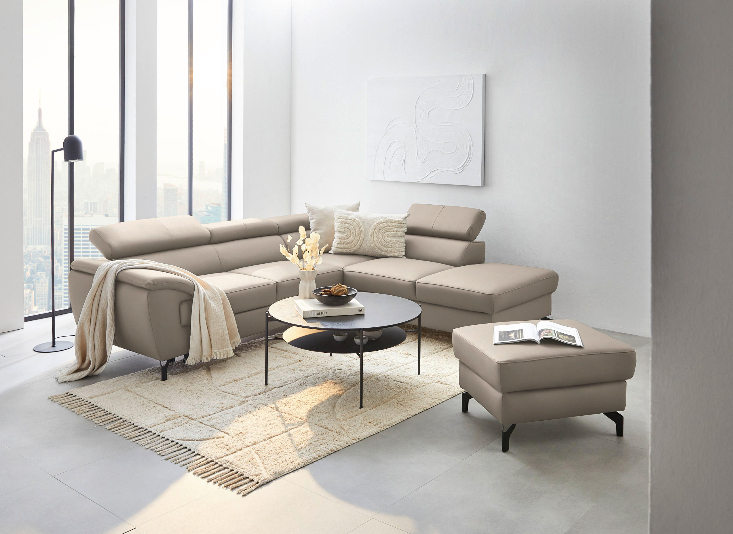 ECKSOFA in Lederlook Kombination Echtleder/Lederlook Greige  - Greige/Schwarz, Design, Leder/Textil (256/220cm) - Celina Home