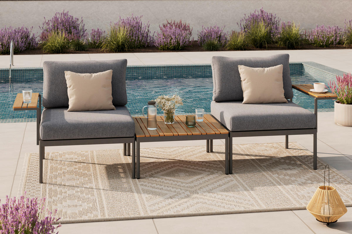 TERASOVÁ SEDACÍ SOUPRAVA 3dílné, kov, plast, textil - tmavě šedá/přírodní barvy, Moderní, kov/textil (85/64.5/71.5cm) - Ambia Garden