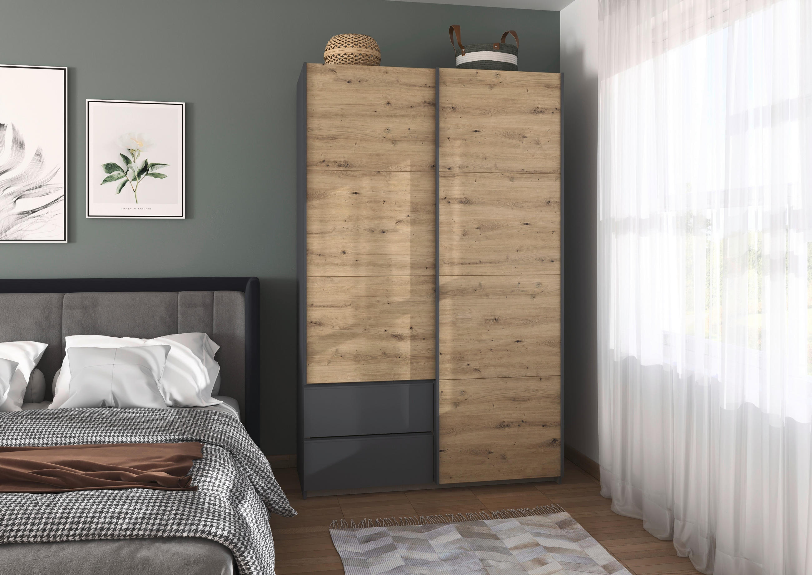 SCHWEBETÜRENSCHRANK 131/210/59 cm 2-türig Grau, Eiche Artisan  - Eiche Artisan/Grau, MODERN, Holzwerkstoff (131/210/59cm) - Rauch Möbel