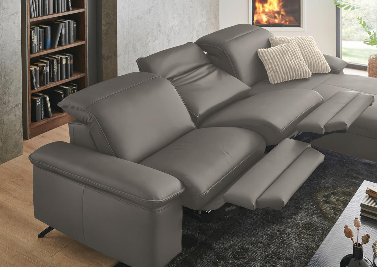 ECKSOFA  Echtleder Grau  - Schwarz/Grau, Design, Leder/Metall (307/169cm) - Beldomo Premium