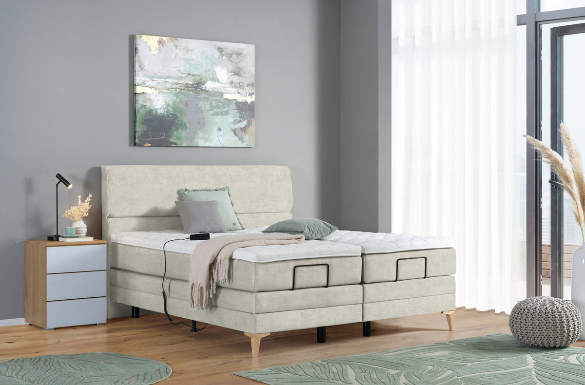 BOXSPRINGBETT 180/200 cm  in Ecru  - Ecru/Eichefarben, Konventionell, Holz/Textil (180/200cm) - Voleo