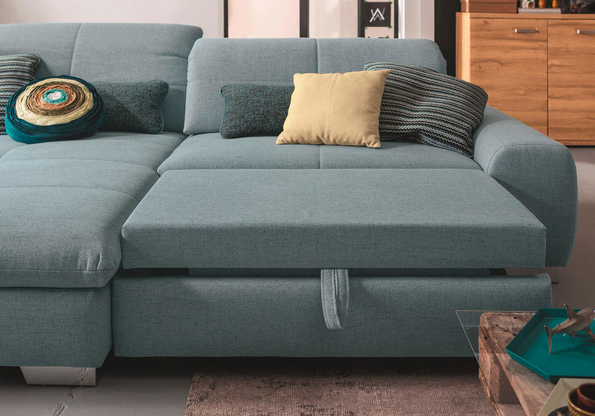 ECKSOFA Hellblau Flachgewebe  - Chromfarben/Hellblau, Design, Textil/Metall (198/276cm) - SetOne by Musterring