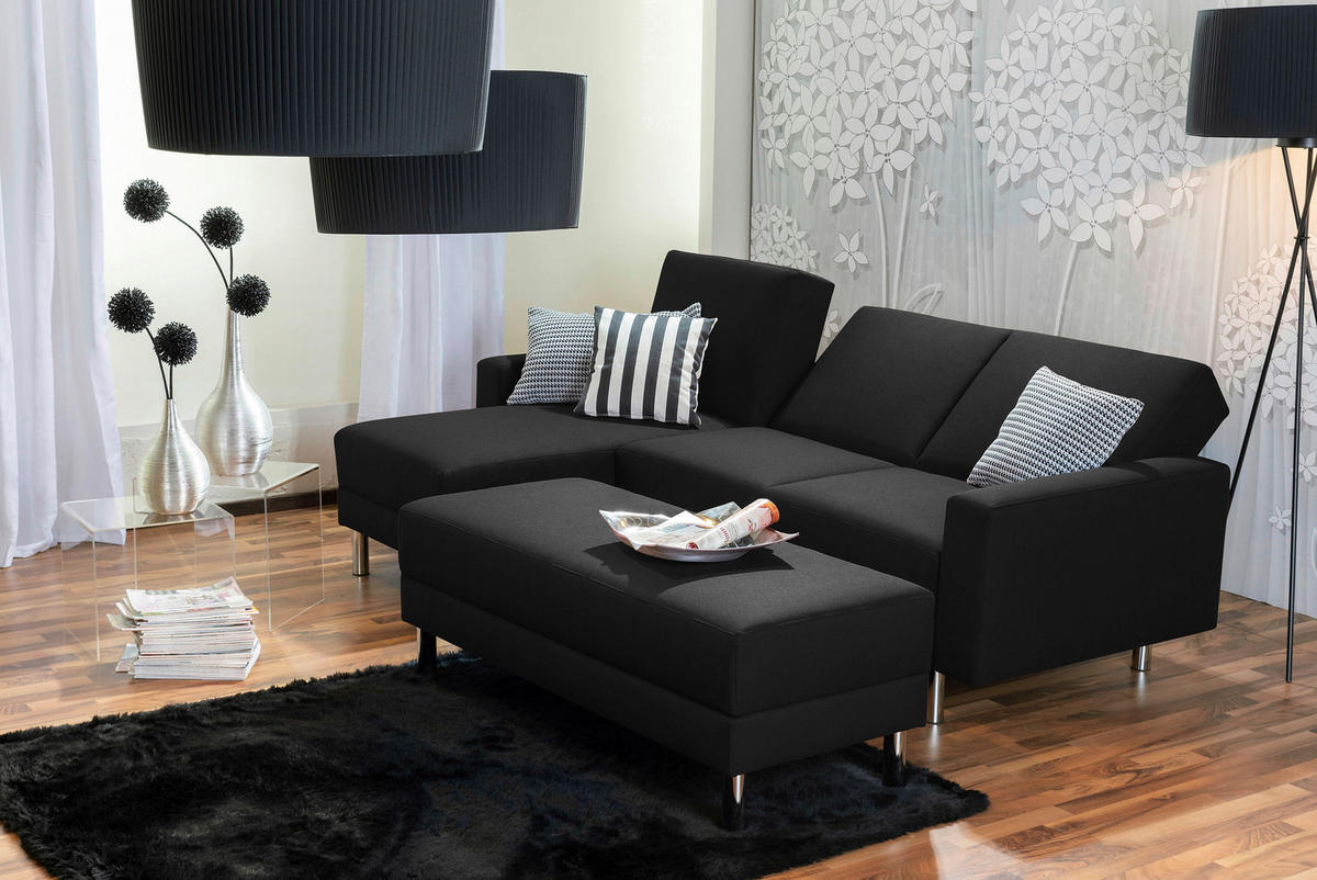 ECKSCHLAFSOFA inkl. Hocker Schwarz Flachgewebe  - Chromfarben/Schwarz, KONVENTIONELL, Textil/Metall (152/230cm) - Max Winzer
