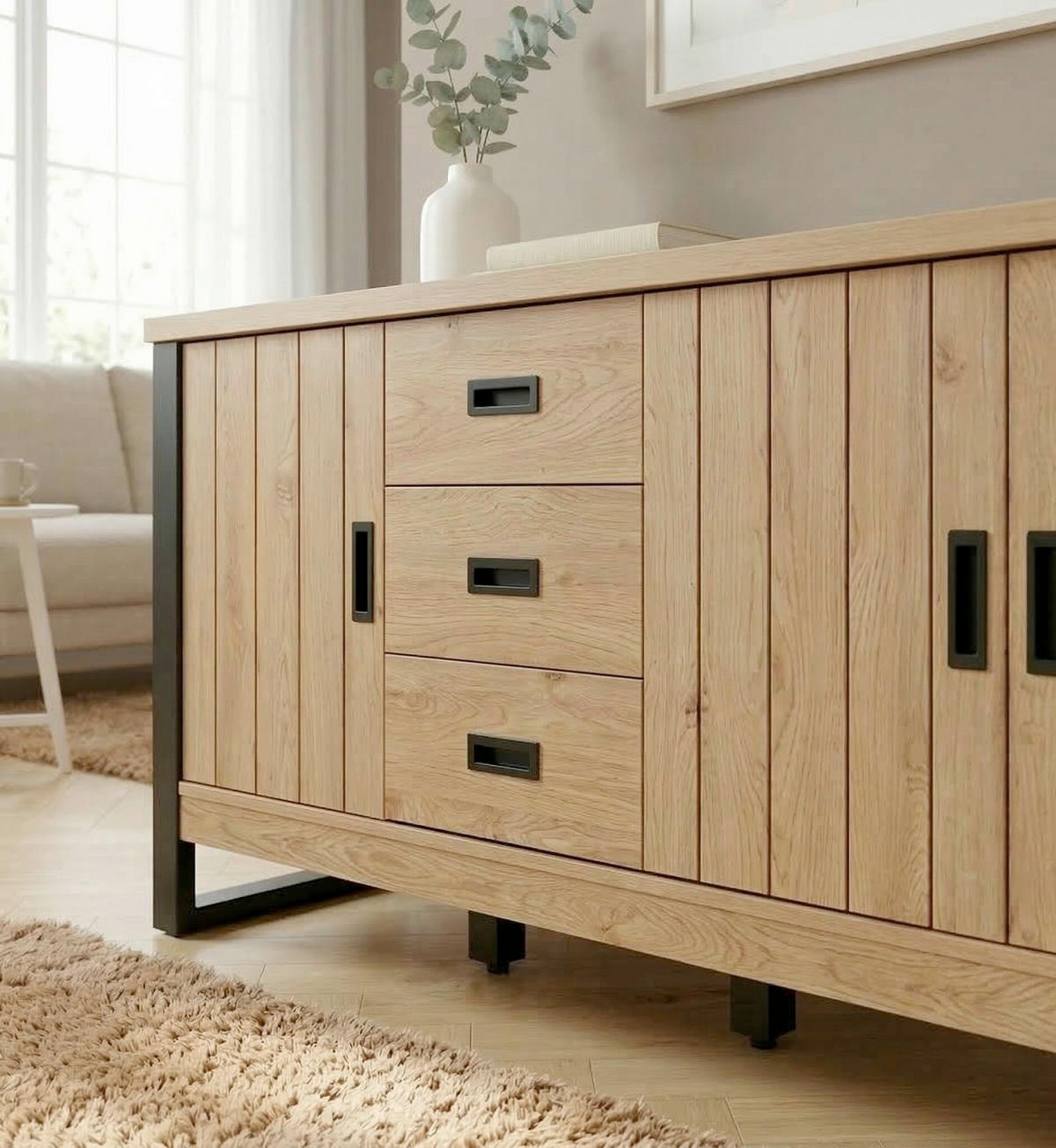 SIDEBOARD  173,4/75/39 cm 3 Schublade(n)  - Eichefarben/Schwarz, KONVENTIONELL, Holzwerkstoff/Metall (173,4/75/39cm) - MID.YOU