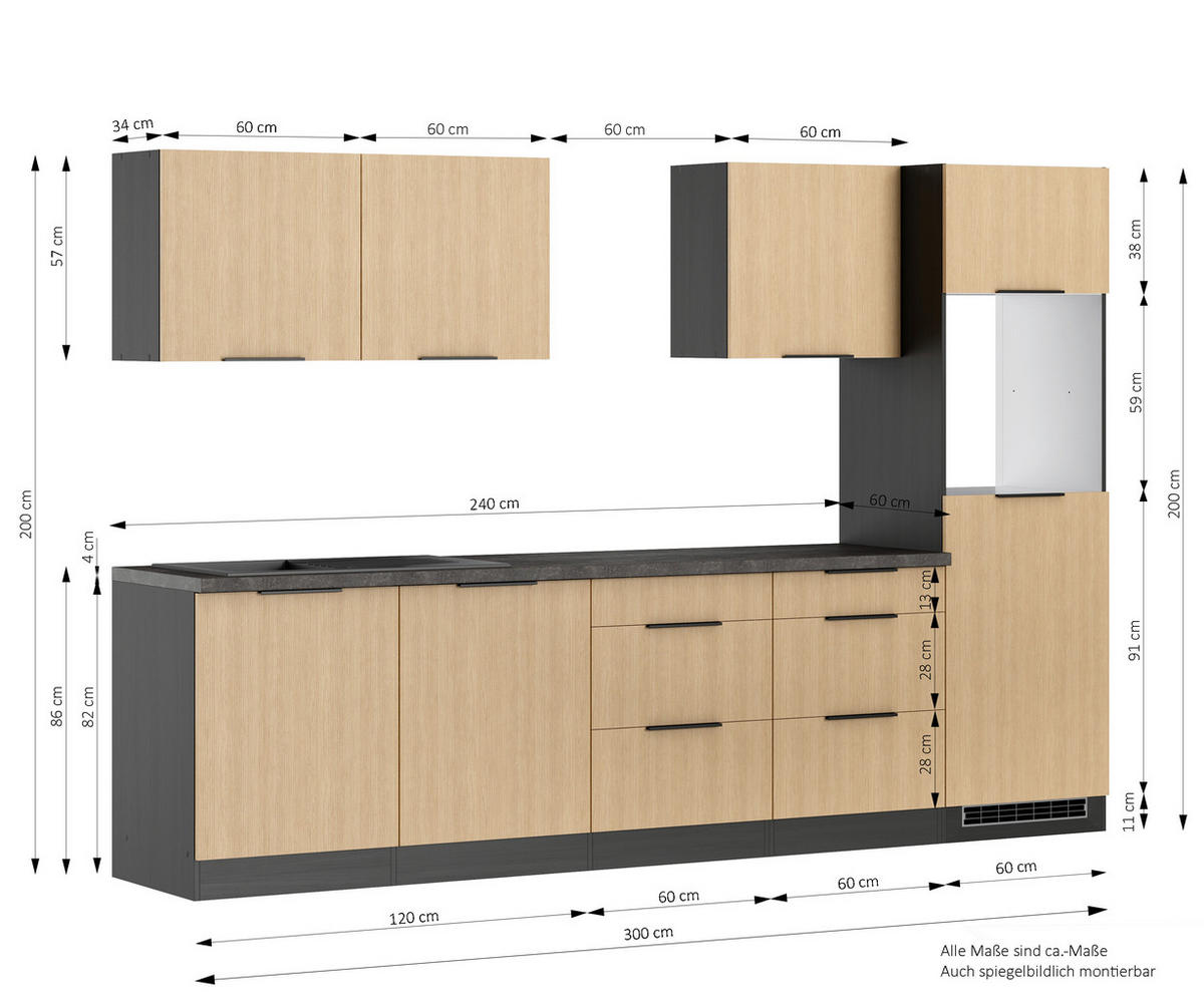 KÜCHENLEERBLOCK 300 cm   in Graphitfarben, Eichefarben  - Eichefarben/Schwarz, LIFESTYLE, Holzwerkstoff/Metall (300cm) - Held